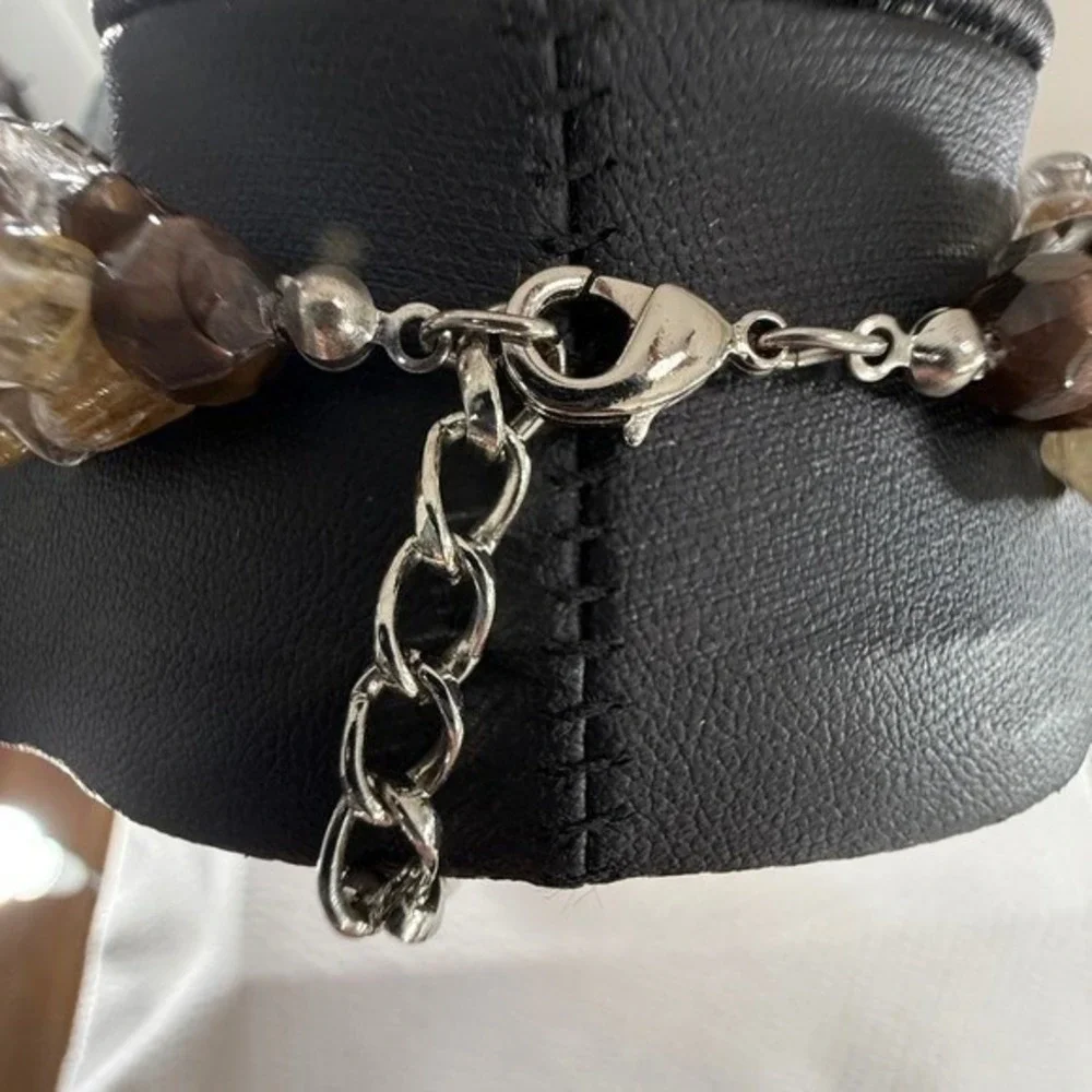 Beaded Three Strand Stone Necklace Lobster Brown‎ Tan Clear 19 to 23 in Jewelry